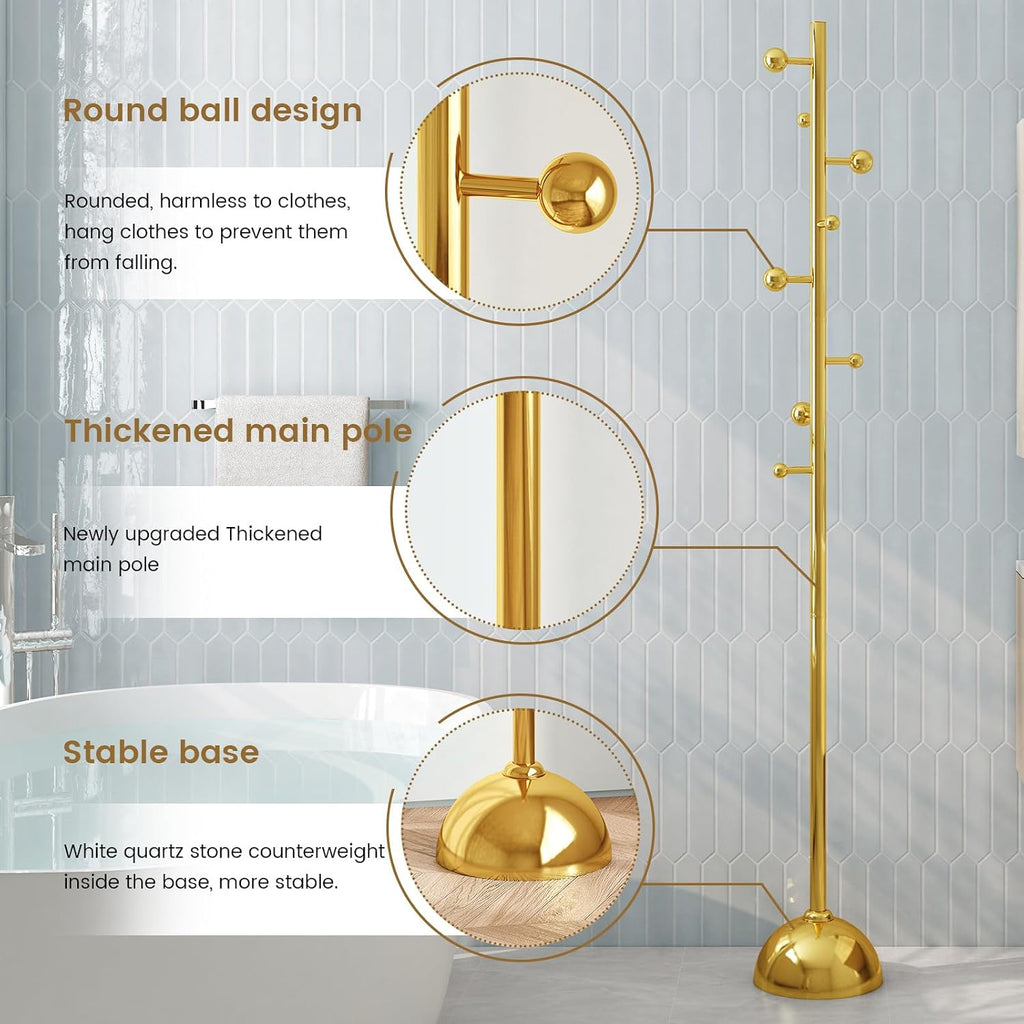Metal Freestanding Coat Tree with 8 Hooks, Sturdy Coat Rack Stand with Sturdy Base for Clothes/Hats/Bags/Scarves, Coat Rack for Bedroom, Office, Living Room, Entryway, Heavy Duty Base, Gold