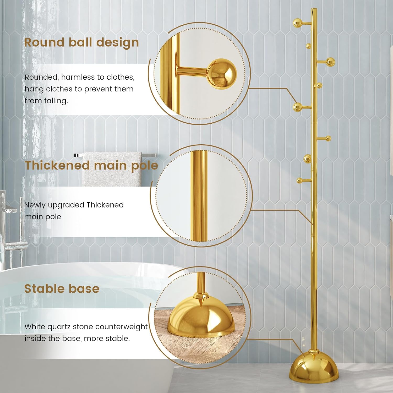 Metal Freestanding Coat Tree with 8 Hooks, Sturdy Coat Rack Stand with Sturdy Base for Clothes/Hats/Bags/Scarves, Coat Rack for Bedroom, Office, Living Room, Entryway, Heavy Duty Base, Gold