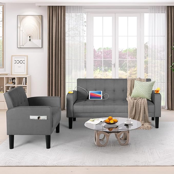 AILEEKISS 2 Piece Living Room Sofa Set 56" W Loveseat Sofas with 2 USB and Removable Armrests, Modern Fabric, 2 Pcs Sectional Couches Set for Apartment, Small Space, Dark Grey