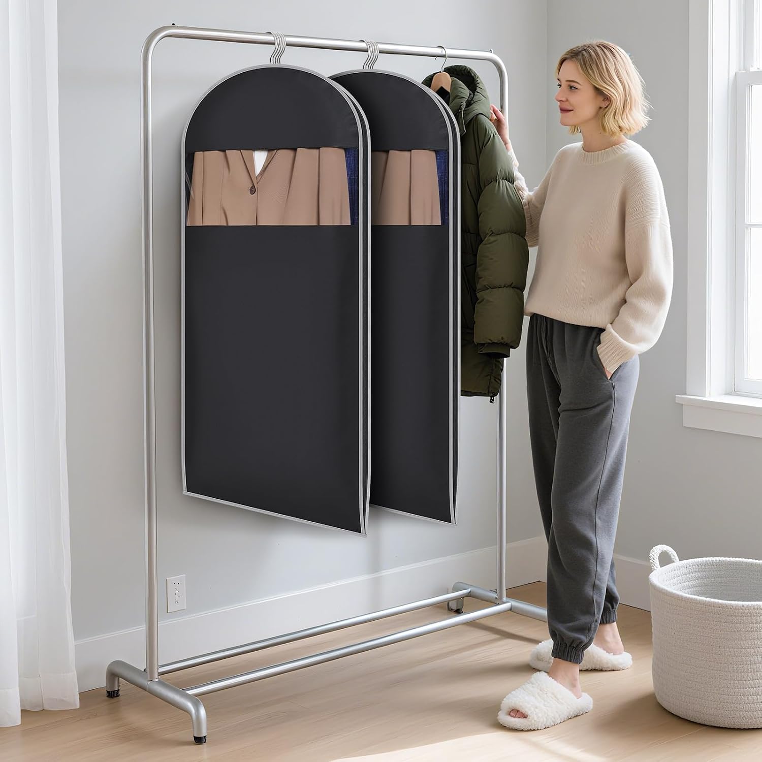 KEEGH Space Saving Hanging Garment Bag with Self Compression Zipper 50 Inch, Compression Garment Bags for Hanging Clothes with Clear Window, Suit Bags for Closet Storage (3 Pack)