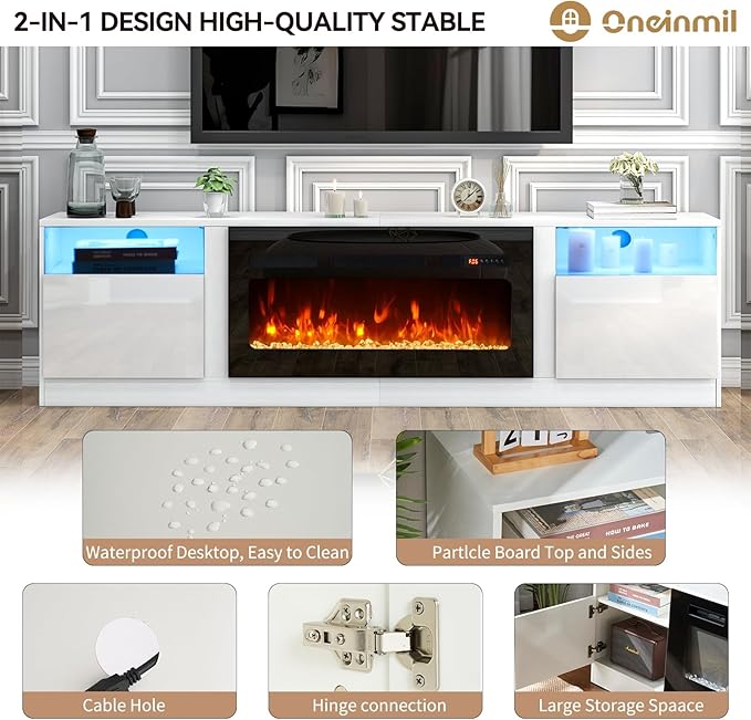 oneinmil 80” TV Stand with 36” Electric Fireplace, Large Modern Media Entertainment Center with Storage Cabinet and 12 Colors LED Lights for TVs Up to 90", White+Black