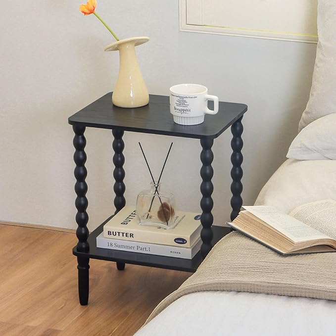 Black Side Table, Small End Table with 2-Tier Shelf, Vintage Night Stand with...