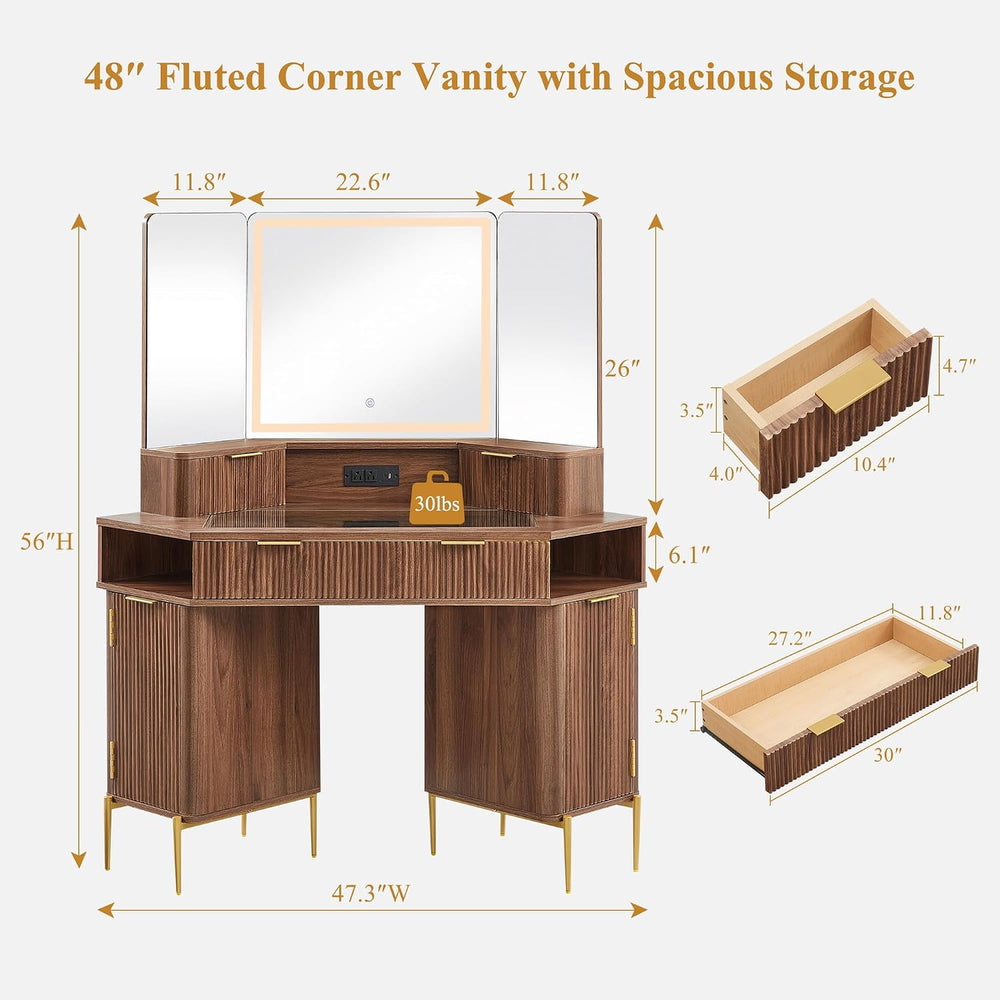 T4TREAM 48" Corner Makeup Vanity with Lighted Triple Mirror, Light Walnu...