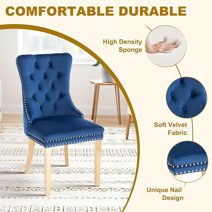 51 Inch Glass Dining Table Set for 4, Rectangular Glass Kitchen Table with 4 Upholstered Velvet Accent Chairs, 5 Piece Modern Dining Room Set, for Home, Apartment, Small Spaces - Blue Gold