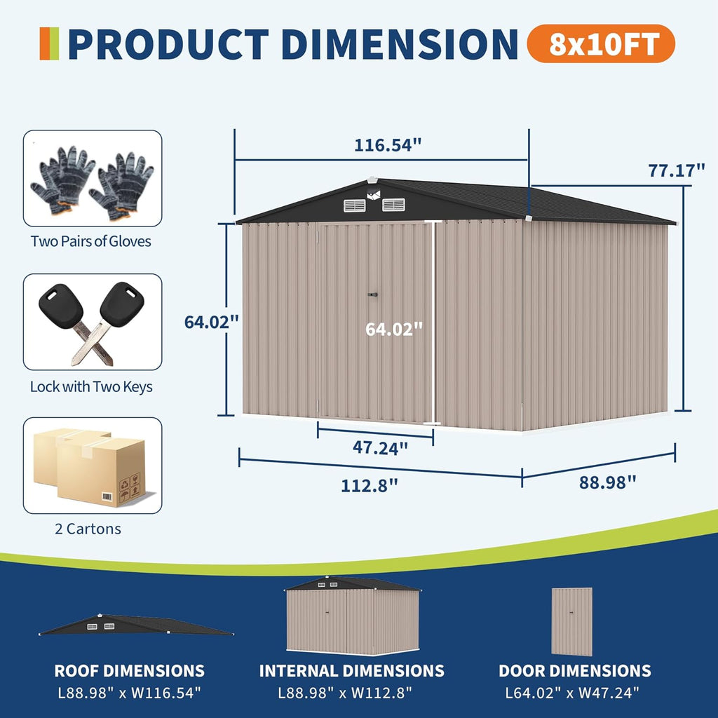 8x10 FT Metal Storage Sheds Outdoor with Solar Light, MetalTool Shed with Lockable Door, MetalYard Sheds Garden Shed Kit, Metal UtilitySheds Buildings with Air Vent for Backyard Garden Patio Lawn