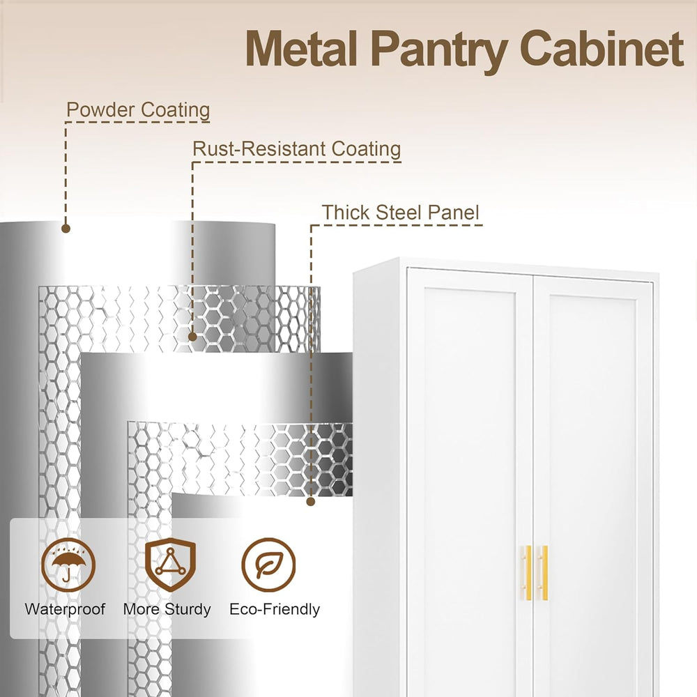 71" Tall White Metal Pantry Cabinet, Freestanding Storage Cupboard with ...