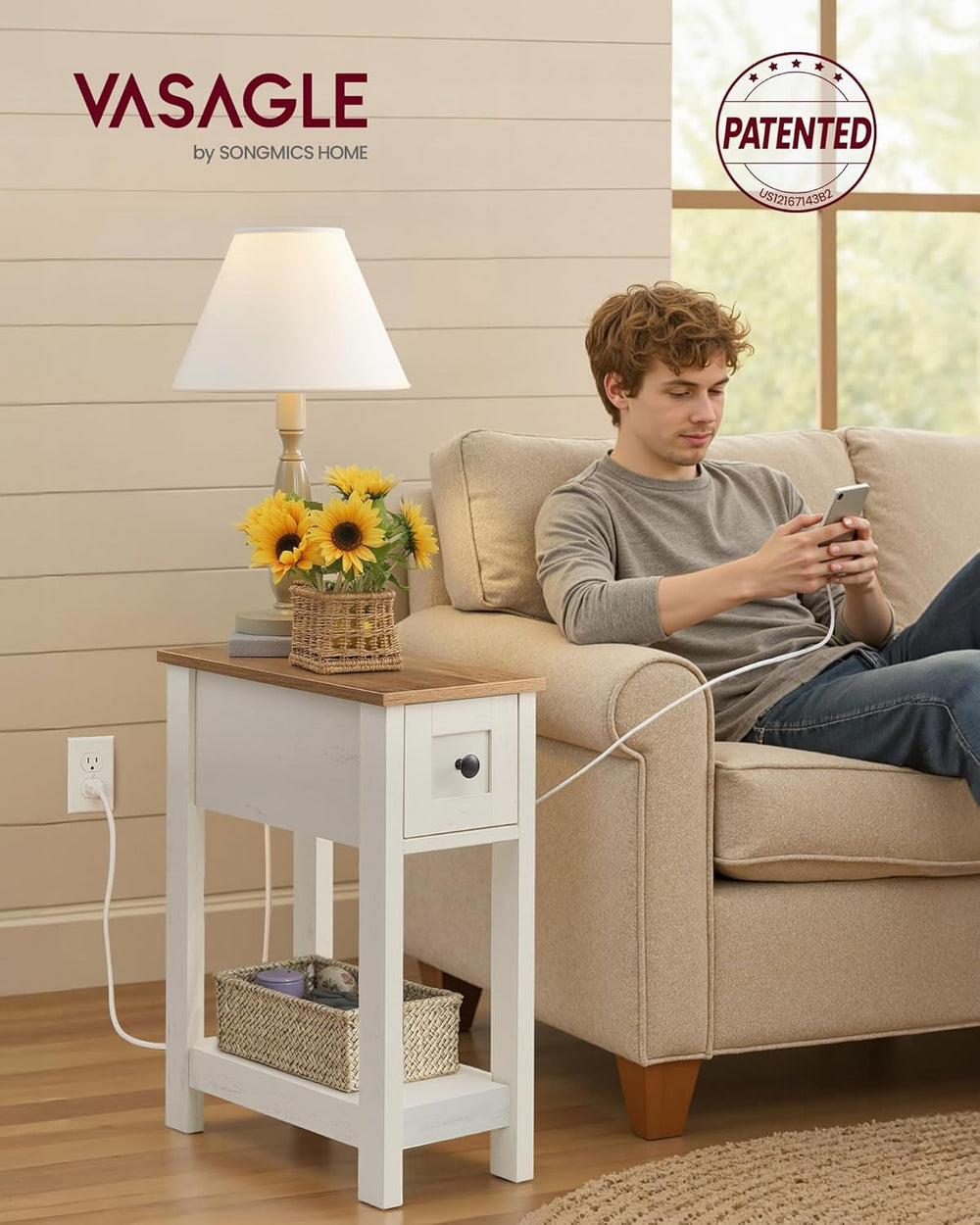 VASAGLE Farmhouse End Table with Storage Drawer, Narrow Side Table with Charg...