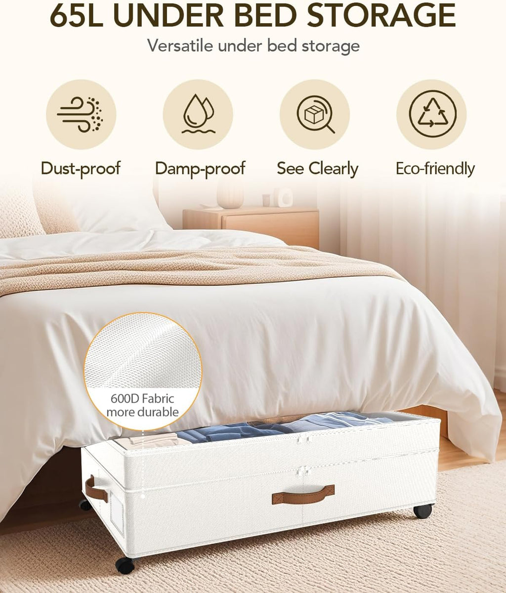 Under Bed Storage with Wheels, 10 inches Under Bed Storage Containers, 65L XXL Large Adjustable Underbed with Lids, Rolling Underbed Storage bins for Shoes, Clothes, Blankets, White