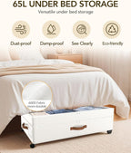 Under Bed Storage with Wheels, 10 inches Under Bed Storage Containers, 65L XXL Large Adjustable Underbed with Lids, Rolling Underbed Storage bins for Shoes, Clothes, Blankets, White