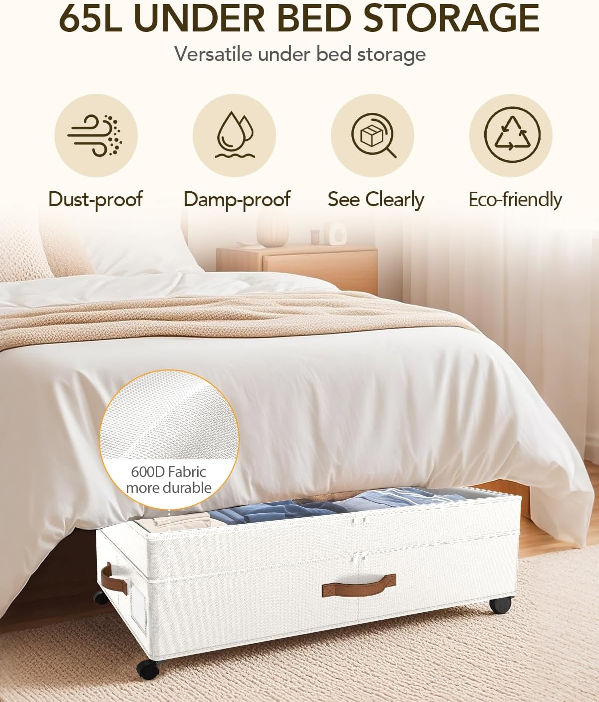 Under Bed Storage with Wheels, 10 inches Under Bed Storage Containers, 65L XXL Large Adjustable Underbed with Lids, Rolling Underbed Storage bins for Shoes, Clothes, Blankets, White