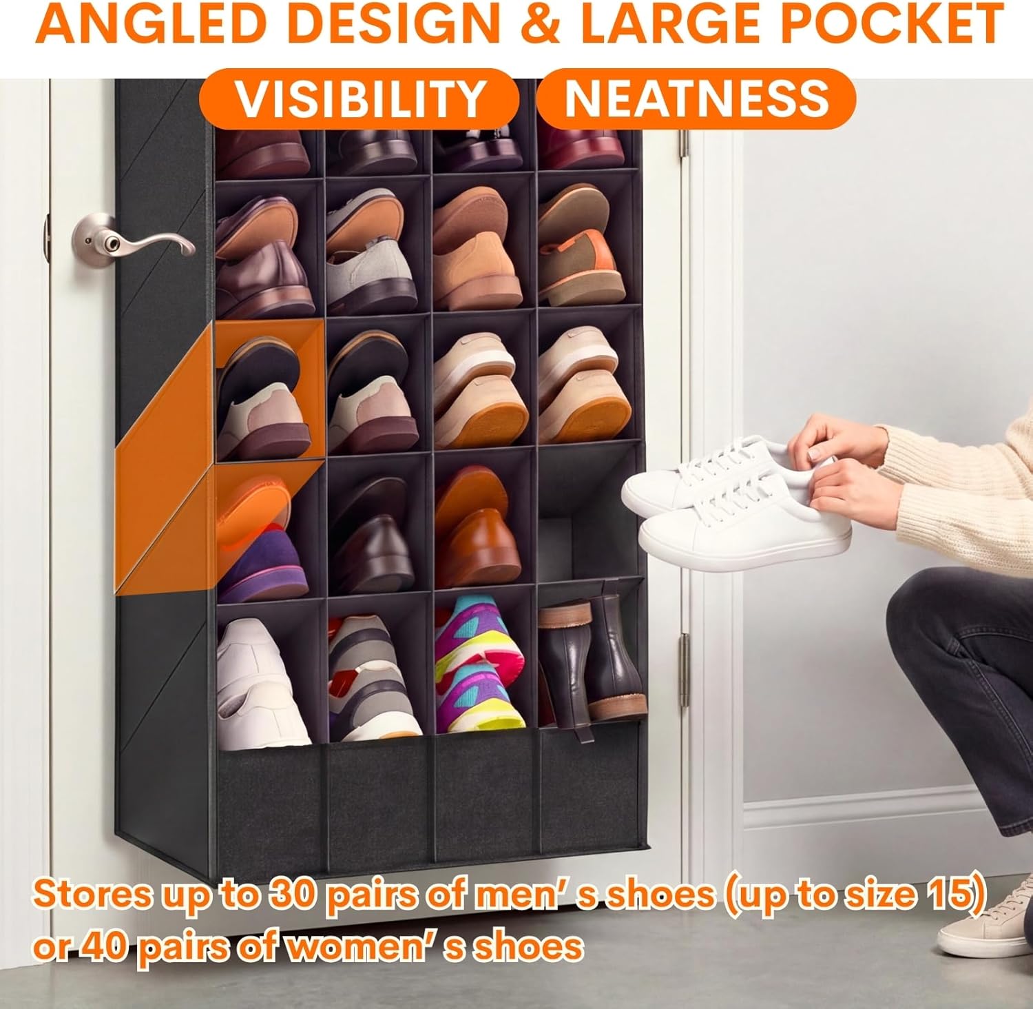 Ofiray-home Over the Door Shoe Organizer, 30-40 Pairs | Large & Deep Pockets, Fits Boots, Sneakers or Larger Shoes, Space-Saving, For Bedroom, Small Closet, Entryway