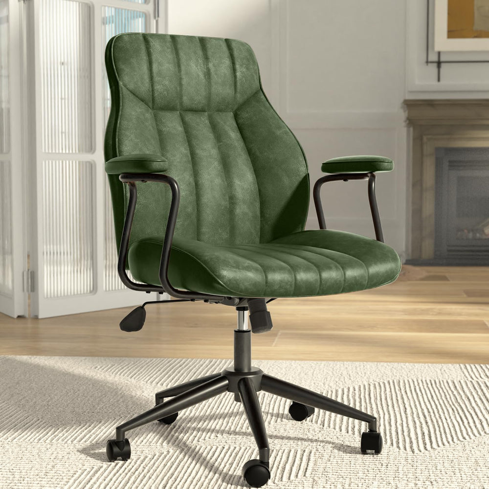 Green Leather Office Chair, Mid Century Home Office Desk Chair | Ergonomic Cu...