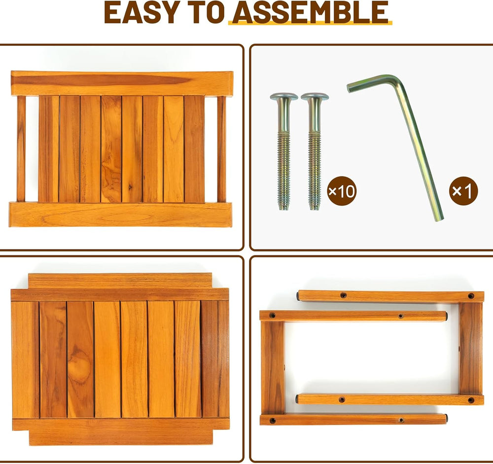 16" Compact Teak Shower Bench with Shelf & Handle, Solid Premium Tea...