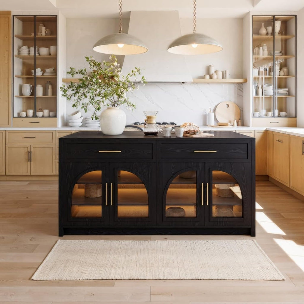 homary 71" Kitchen Island with LED Light Strip,Glass Doors, Modern Black Large Stationary Storage Islands with Adjustable Shelves and Drawers,Seats to 4 for Dining Room