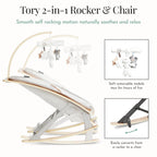 Evolur Tory 2-in-1 Baby Bouncer Rocker Chair, Portable Easy Folding Adjustable Bouncer, No Assembly, One-Hand Fold Newborn Bouncer, 3 Recline Levels, Removable Wooden Toy Bar - Light Gray