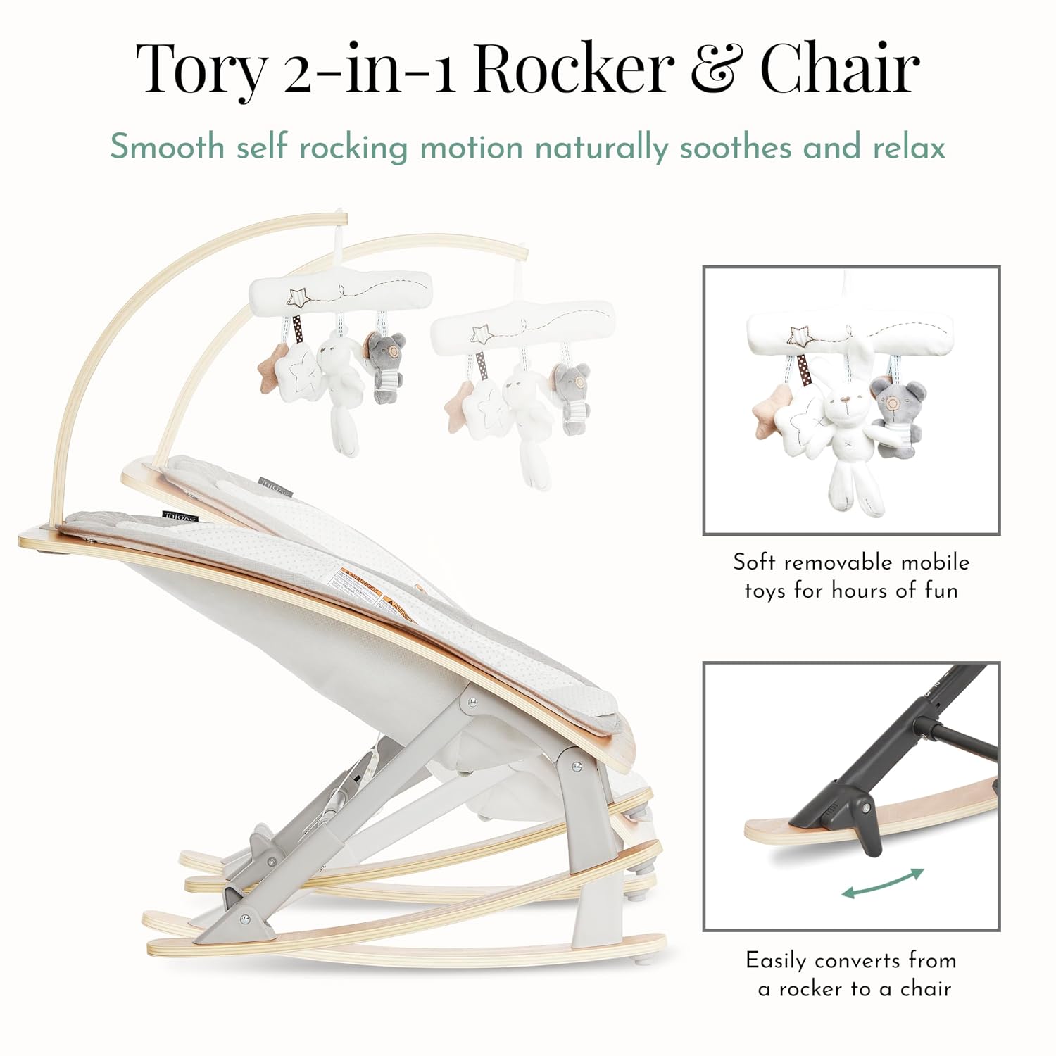 Evolur Tory 2-in-1 Baby Bouncer Rocker Chair, Portable Easy Folding Adjustable Bouncer, No Assembly, One-Hand Fold Newborn Bouncer, 3 Recline Levels, Removable Wooden Toy Bar - Light Gray