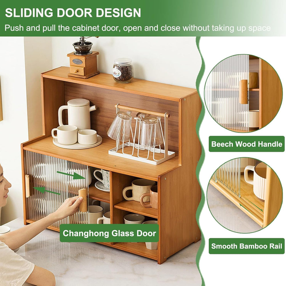Modern Kitchen Storage Pantry Cabinet with Glass Doors & Adjustable Shelv...