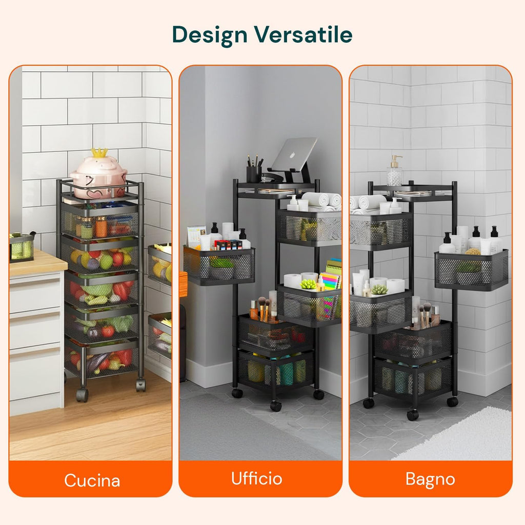 Avilia - Multipurpose Folding Trolley with Wheels with Large Baskets and Space-Saving Structure for Kitchen, Bathroom and Office, Folding Design with Brake Wheels (Black Square, 5 Baskets)