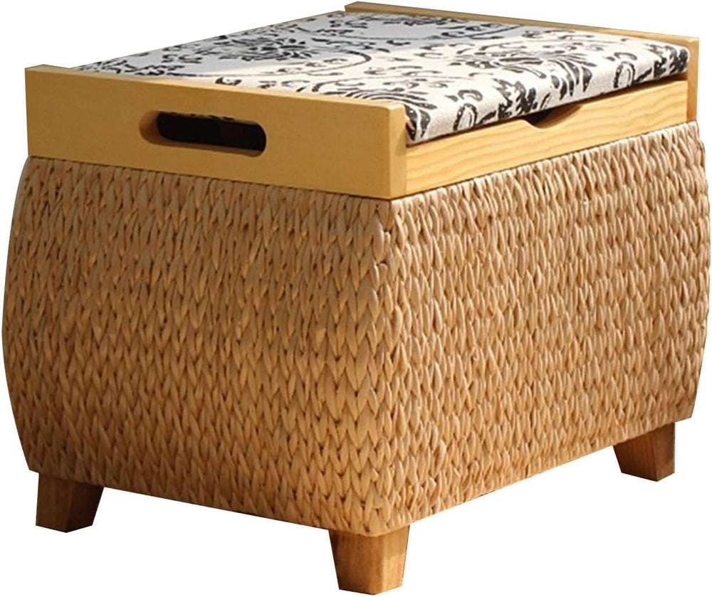 Ottoman with Storage Rattan Woven ，Bench with Padded Seat End of The Bed Entr...