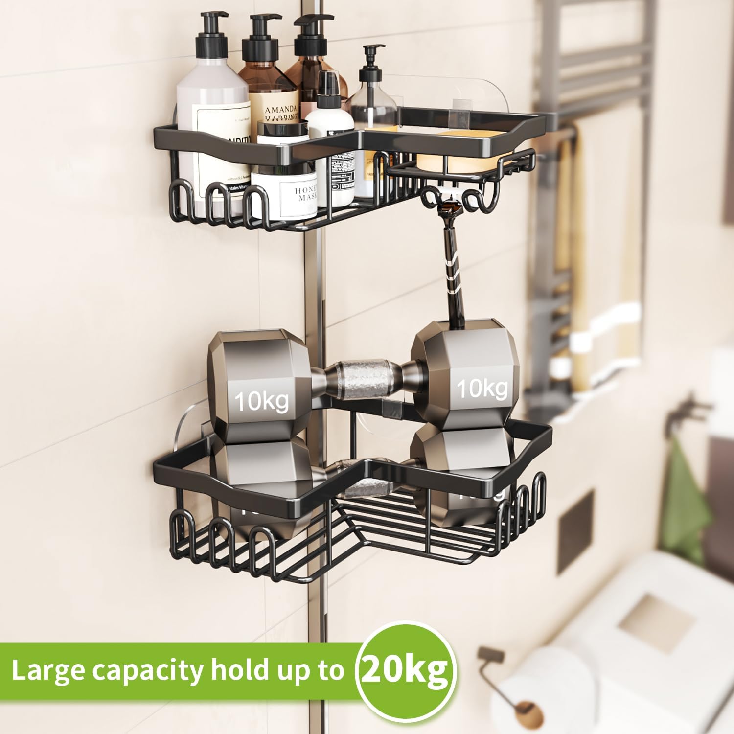 Corner Shower Caddy with Soap Holder, 2 Pack Stainless Steel Corner Shower Organizer with 11 Hooks, No Drilling & 6 Strong Adhesives Corner Shower Shelf Bathroom Organizer for Shower Room, Black
