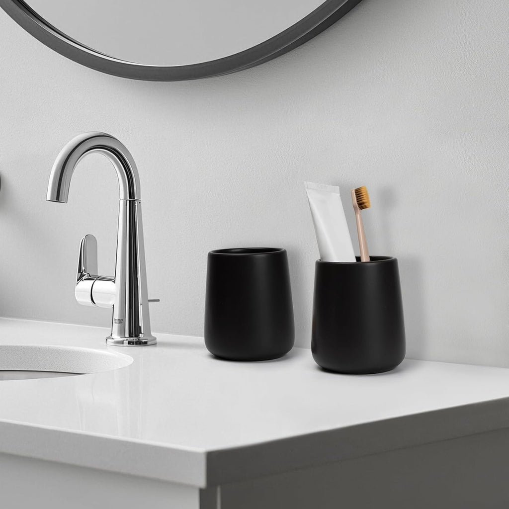 Bathroom Tumbler Cup Ceramic 2Pcs 13.5oz Reusable Toothbrush Cup 400ml, Toothbrush Holder Adequate for Your Bathroom (Black Brown)