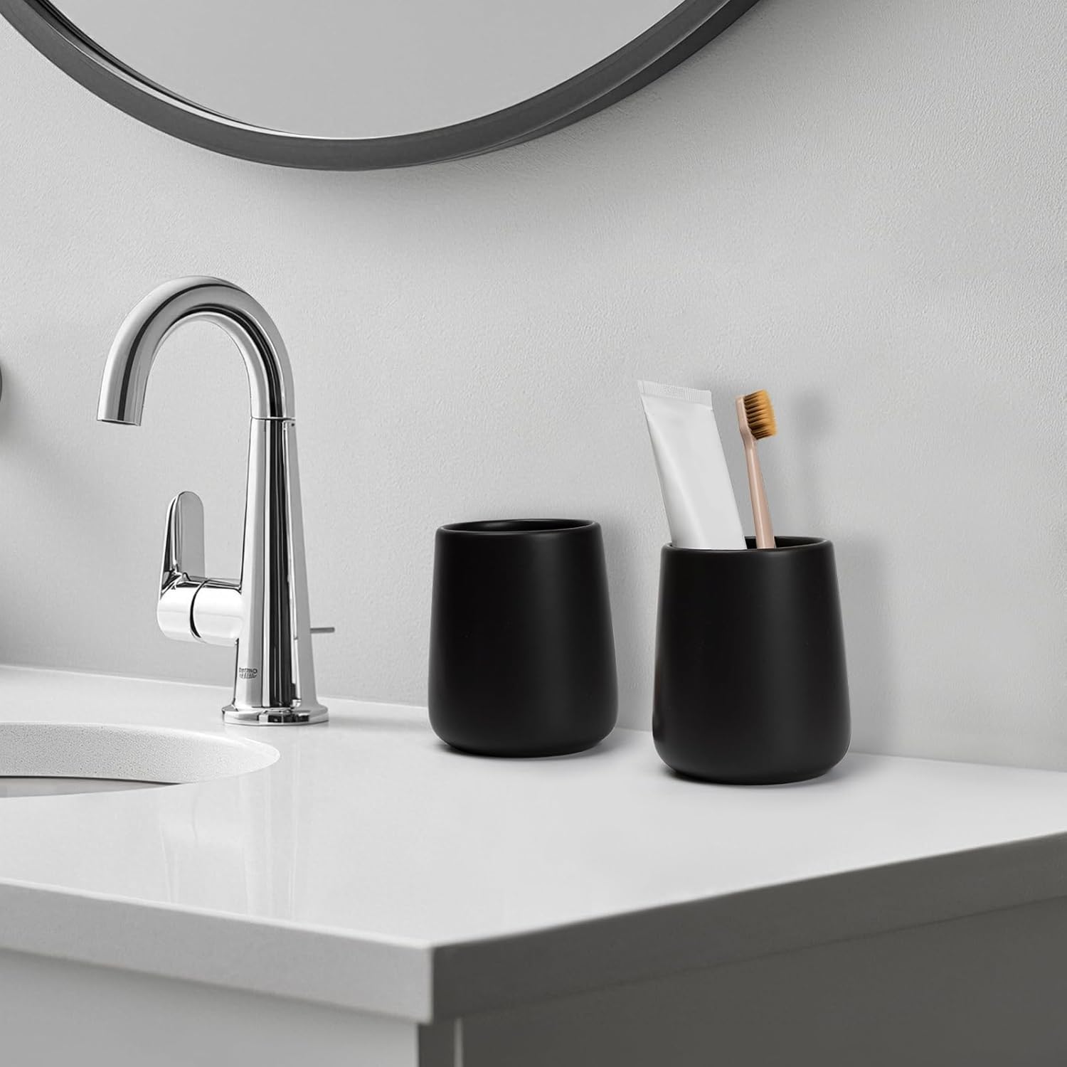 Bathroom Tumbler Cup Ceramic 2Pcs 13.5oz Reusable Toothbrush Cup 400ml, Toothbrush Holder Adequate for Your Bathroom (Black Brown)