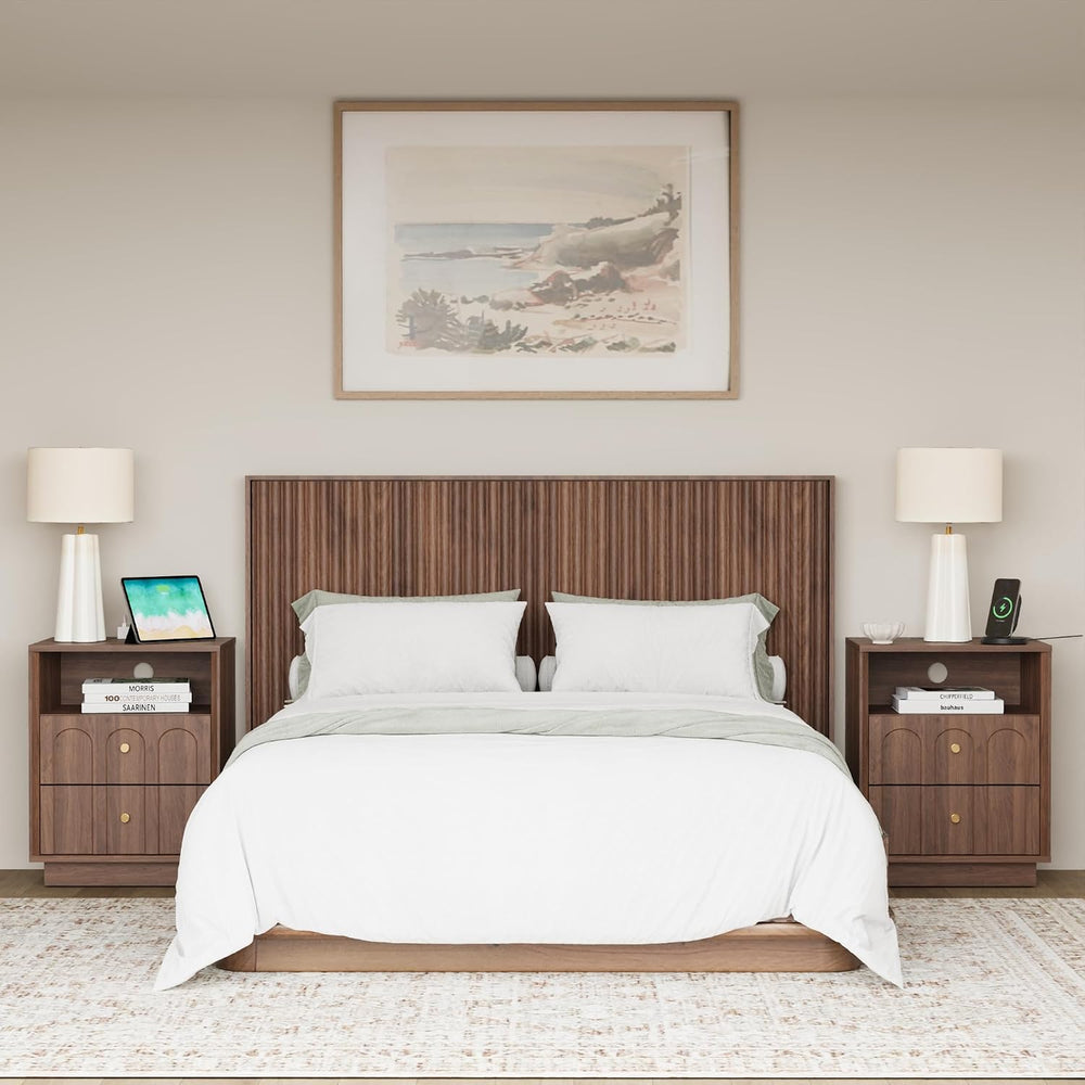 FORTUNETEC 17.7" Nightstand with Charging Station, Arched Design, Walnut