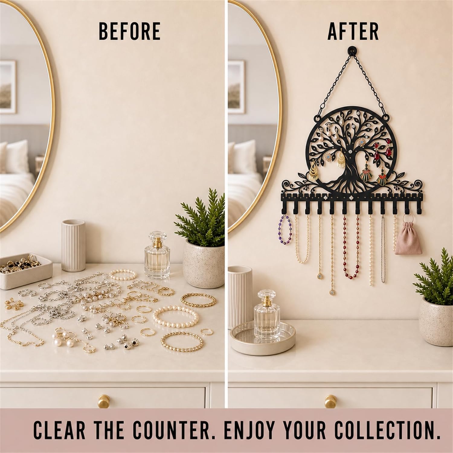 Personalized Tree of Life Wall Mounted Jewelry Organizer Metal Earring Holder Necklace Display Rack Decorative Jewelry Storage Hanger Space Saving Wall Decor for Bedroom Vanity Room Gift for Women