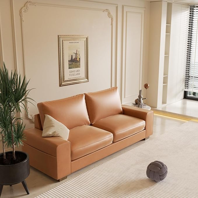 Faux Leather Couch, Mid Century Modern Comfy Loveseat Sofa with Wide Arm, Side Pockets, Solid Wooden Frame for Office, Living Room and Bedroom, 2 Seater (Brown, 71.25 Inches)