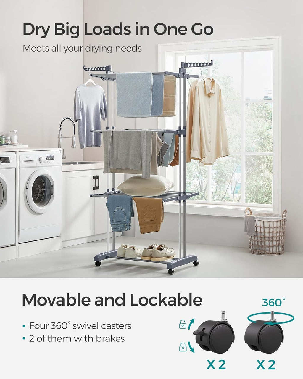 SONGMICS Clothes Drying Rack Stand 4-Tier, Foldable Laundry Drying Rack 68.1-Inch Tall, Steel, Rolling Clothes Horses Dryer Rack, Easy to Assemble, Indoor Outdoor Use, Dove Gray ULLR701G01