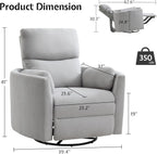 Jocisland Power Rocking Nursery Chair/Swivel Recliner/USB, Grey Fabric | Oversized Glider Chairs,Fabric,2 Pillows,USB & Type-C,Reclining Armchair Sofa,Living Room,Bedroom,Nursing