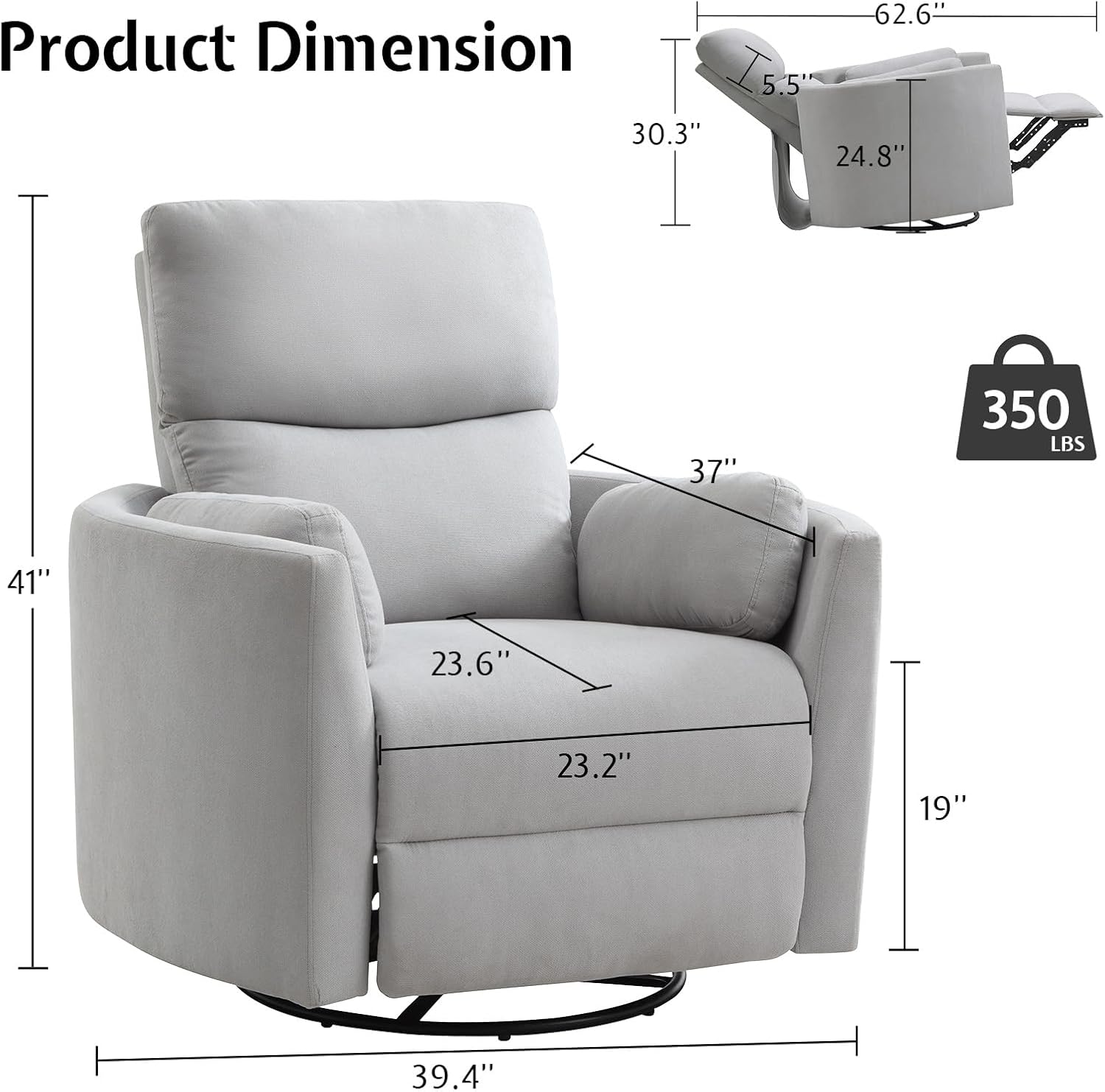 Jocisland Power Rocking Nursery Chair/Swivel Recliner/USB, Grey Fabric | Oversized Glider Chairs,Fabric,2 Pillows,USB & Type-C,Reclining Armchair Sofa,Living Room,Bedroom,Nursing