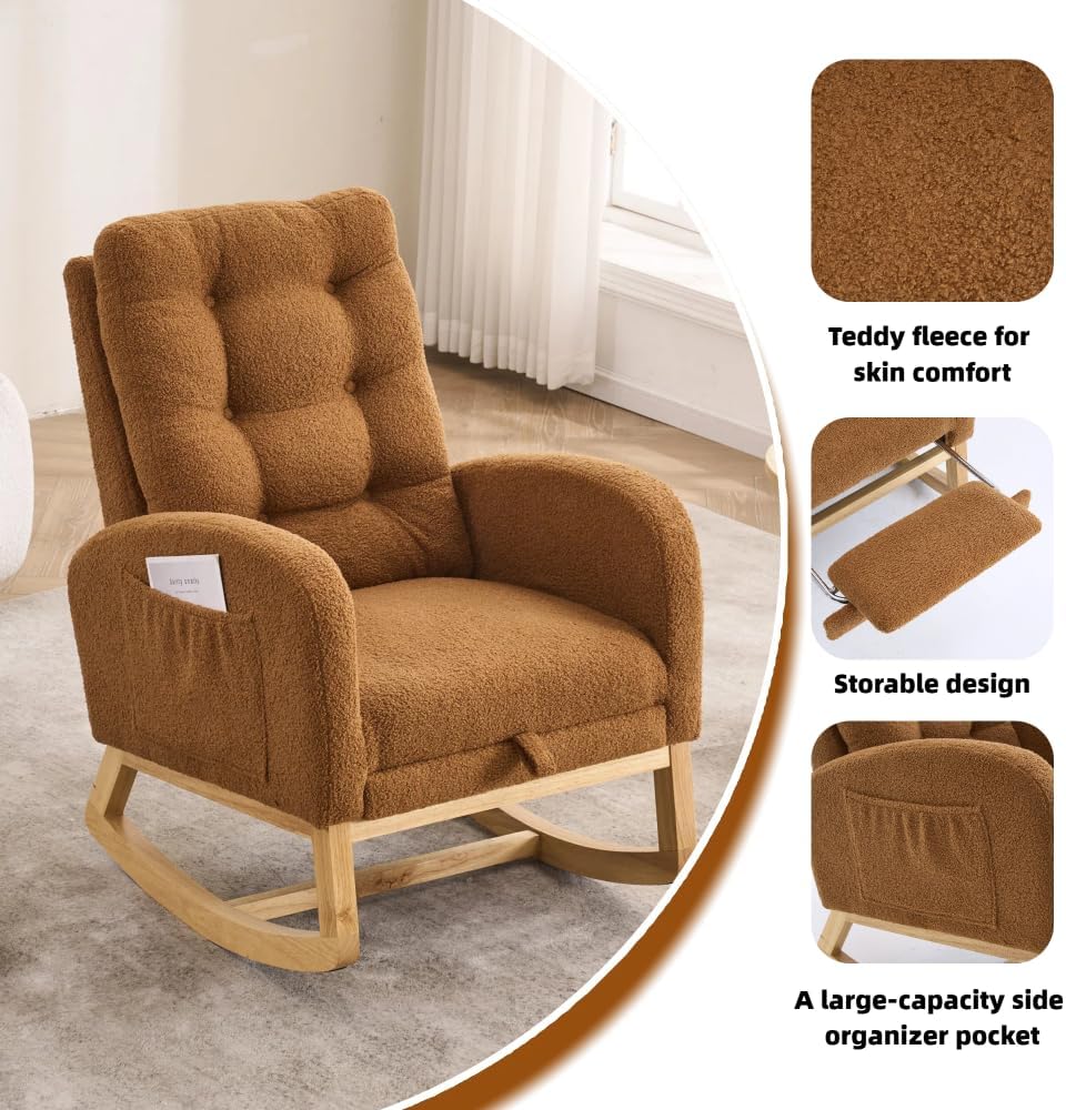 Accent Rocking Chair with Footrest High Back Rubber Wood Rocking Legs Bedroom...