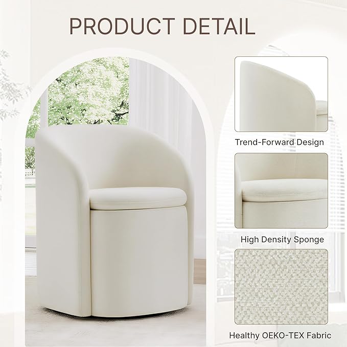 Upholstered Dining Chairs with Casters, No Assembly Rolling Modern Dining Room Chairs with Hidden Storage & Barrel Backrest, Accent Chair for Bedroom, Living Room, Dressing, Linen, Set of 4