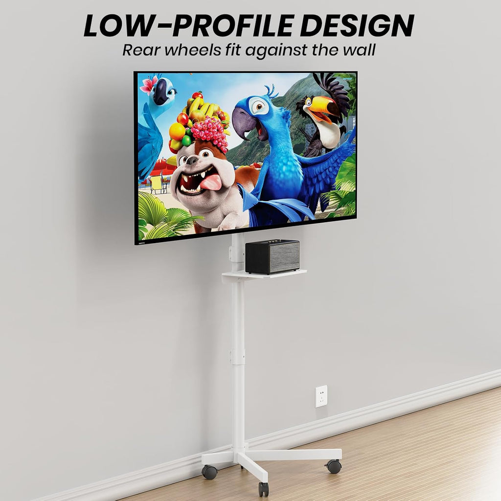 Rolling TV Stand for 23-60 Inch LCD LED Flat/Curved TVs/Screens | 2 Height Adjustable Mobile TV Floor Stand with Shelf / Locking Wheels up to 88Lbs, Tilt TV Cart Max VESA 400x400mm, White