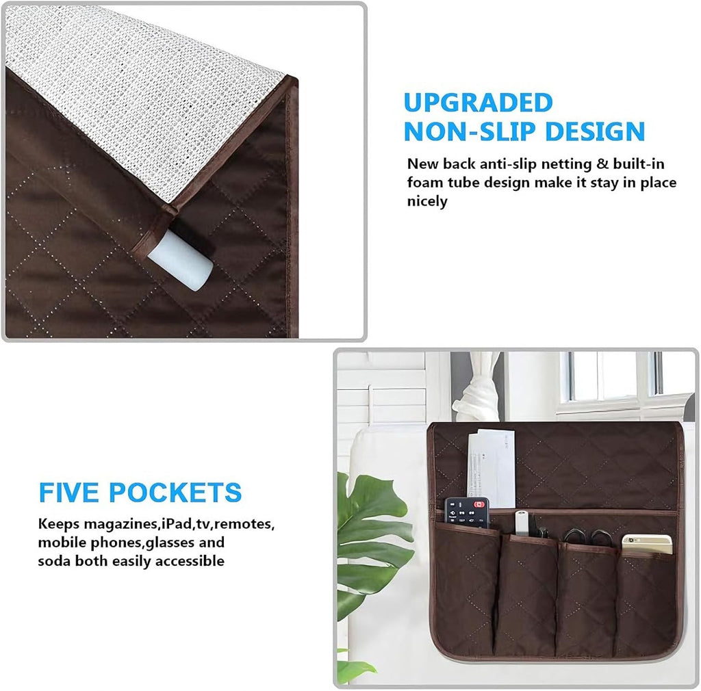 Sofa Armrest Organizer Non-Slip Arm Chair Bedside Storage Caddy Organizer Armchair Caddy for Recliner Couch Remote Holder with 5 Pockets for Cell Phone TV Remote Control Magazines (Coffee)