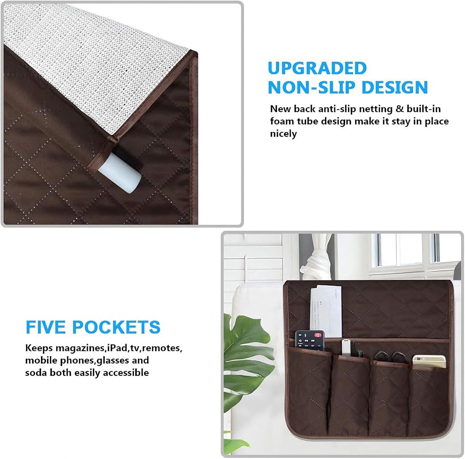 Sofa Armrest Organizer Non-Slip Arm Chair Bedside Storage Caddy Organizer Armchair Caddy for Recliner Couch Remote Holder with 5 Pockets for Cell Phone TV Remote Control Magazines (Coffee)