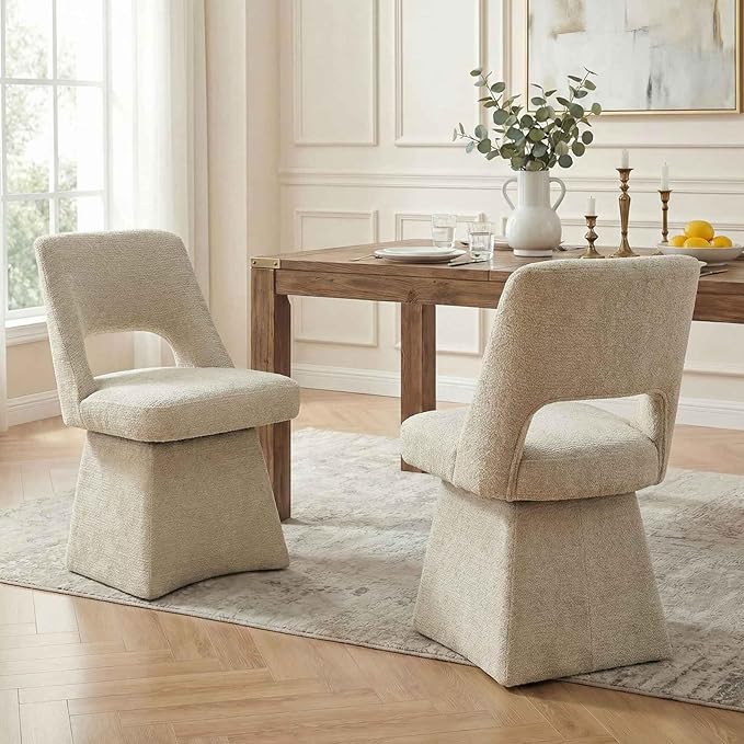 VKNOW Upholstered Swivel Dining Chairs Set of 2, Modern Dining Room Chairs with Open Back, Chenille Fabric Kitchen Chairs for Dining Room, Living Room, Bedroom, Vanity, Khaki