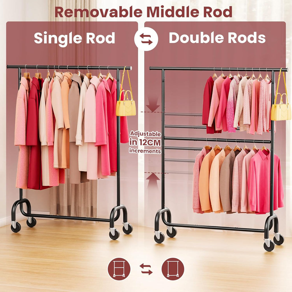 Heavy Duty Clothes Rack Load 600 LBS, Rolling Clothing Rack for Hanging Clothes with Lockable Wheels, Double Rod Garment Rack for Bedroom, Laundry, Living Room, Black