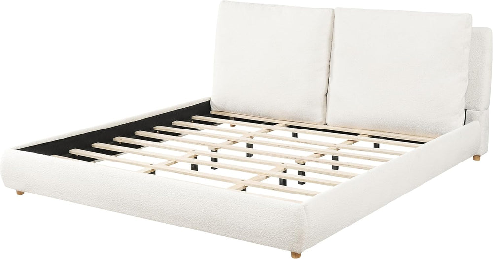 Merax King Boucle Platform Bed with 2 Removable Headboard Pillows, White