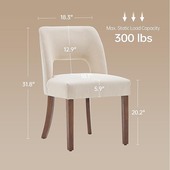 keoni Wooden Dining Chairs Set of 2, Mid Century Modern Upholstered Dining Room Chairs with Rubberwood Legs, Fabric Farmhouse Kitchen Chairs with Foot Pegs for Dining Room, Beige
