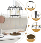 iDavosic.ly 2 Tier Rotating Necklace Holder Organizer with Wooden Jewelry Tray, Adjustable Metal Bracelet Display Stand with 42 Hooks, Extra Tall Keychain Spinning Tree Tower for Women, Black