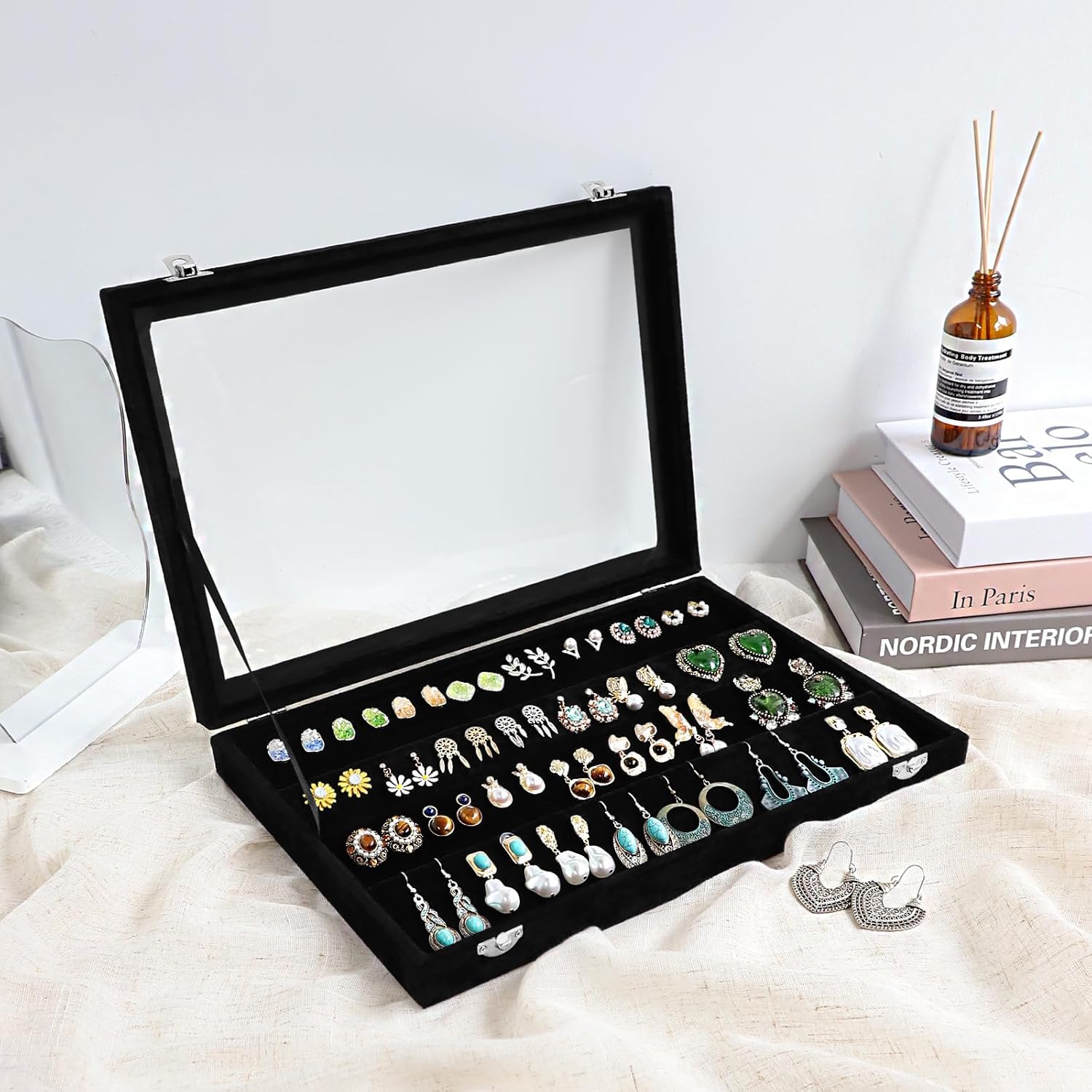 Wudygirl Earring Organizer Tray Jewelry Organizer 32 Pairs Earring Box Organizer Black Velvet Jewelry Display Case with Transparent Lid(Black Earring Storage)