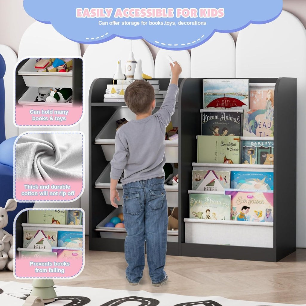 Black Kids Wood Bookshelf Toy Storage Box Organizer Shelf W/4 Removable Plastic Toy Bins Children Bookcase Toddler Baby Sling Book Rack Cabinet Chest Girl Boy Gift Playroom Classroom Bedroom Nursery