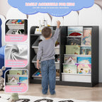 Black Kids Wood Bookshelf Toy Storage Box Organizer Shelf W/4 Removable Plastic Toy Bins Children Bookcase Toddler Baby Sling Book Rack Cabinet Chest Girl Boy Gift Playroom Classroom Bedroom Nursery