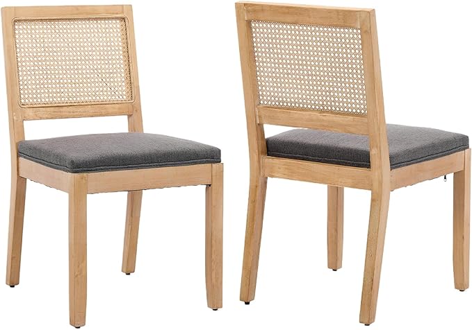 French Country Dining Chairs Set of 2, Grey Kitchen & Dining Room Chairs Set of 2, Rattan Dining Chairs, Cane Low Back, Wood Legs, Sillas De Comedor (Rattan, Gray, 2Pcs)