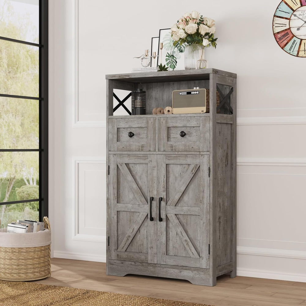 Farmhouse Storage Cabinet with Drawers, Small Kitchen Pantry Cabinet, Gray