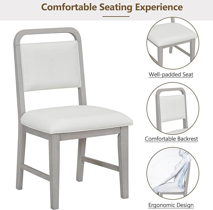 Merax 5-Piece Retro Dining Set, Round Table Top with Radial Wood Grain Design and 4 Upholstered Chairs for Dining Room and Kitchen, Antique Gray