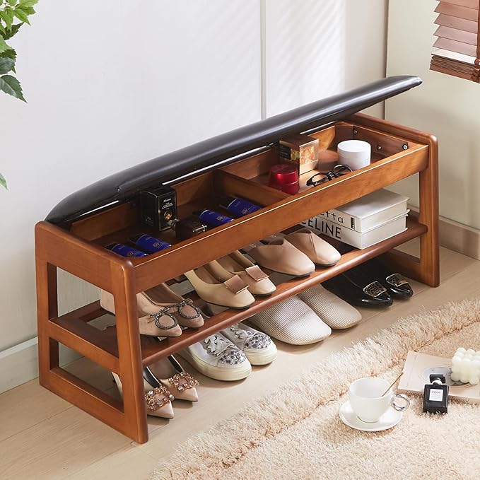 Shoe Rack Bench with Storage-Wood Shoe Bench for Entryway 40" 2 Tier Shoe Organizer with Cushion, PU Solid Wood LEDs Flip Top Entryway Shoe Organizer Space Saving Hallway