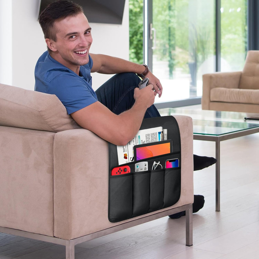 TV Remote Control Holder Couch Caddy, Non-slip Bedside Caddy Organizer with 5 Pockets for Key Glasses Phone Magazine Holders (Black, 35"x12.4")